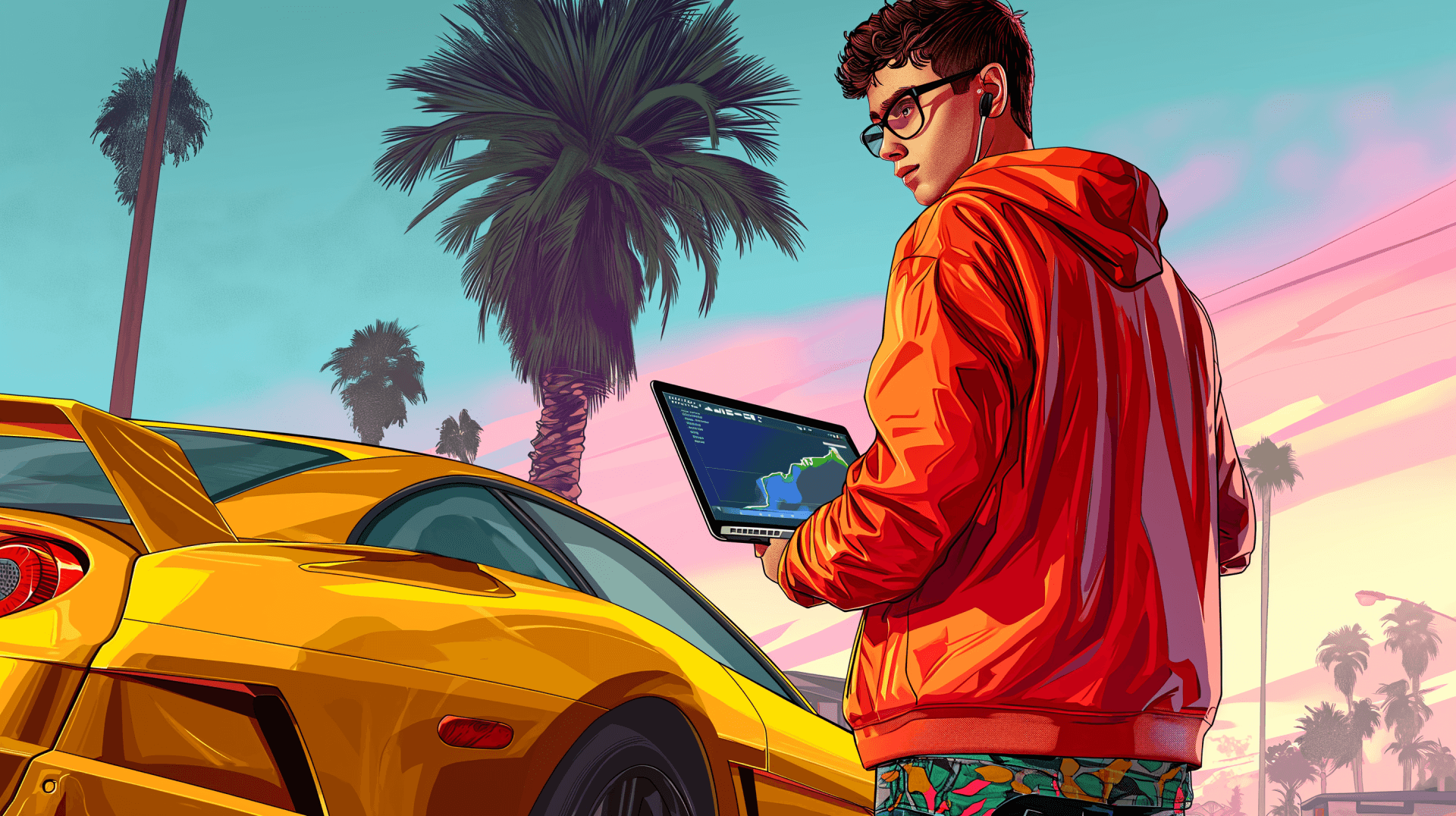 Rapaz de moletom laranja segurando um notebook ao lado de um carro esportivo amarelo